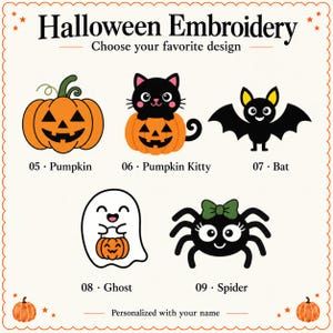 Puede incluir: Una hoja de dise&ntilde;os Halloween Embroidery con cinco iconos: una calabaza etiquetada 05, un gato negro en una calabaza etiquetada 06, un murci&eacute;lago etiquetado 07, un fantasma con una calabaza etiquetada 08 y una ara&ntilde;a con un lazo verde etiquetada 09.