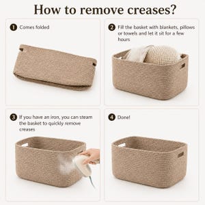 Może przedstawiać: Instrukcja graficzna zatytułowana How to remove creases? przedstawiająca cztery kroki dla prostokątnego kosza z plecionej liny w kolorze beżowym. Krok 1 pokazuje złożony kosz. Krok 2 pokazuje wypełnianie. Krok 3 pokazuje parowanie. Krok 4 pokazuje gotowy produkt.