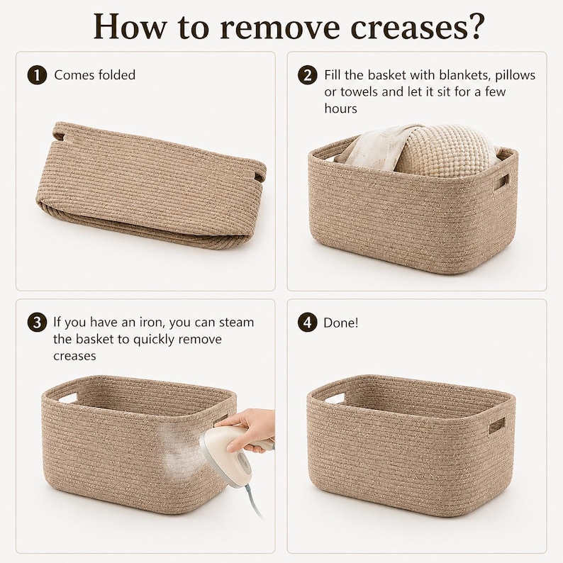 Może przedstawiać: Instrukcja graficzna zatytułowana How to remove creases? przedstawiająca cztery kroki dla prostokątnego kosza z plecionej liny w kolorze beżowym. Krok 1 pokazuje złożony kosz. Krok 2 pokazuje wypełnianie. Krok 3 pokazuje parowanie. Krok 4 pokazuje gotowy produkt.