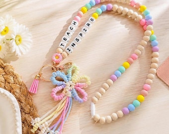 Personalized Teacher Lanyard, Back to School Gift, Rainbow Bead Lanyard, Teacher Gifts, Staff Gifts, Custom Name Lanyard, Badge Holder