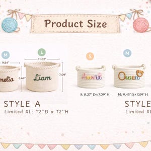 May include: A product size chart for two styles of rope storage baskets. Style A features sizes S (22 cm), M (25 cm), L (28 cm), and XL (30.5 cm). Style B features sizes S (21 cm), M (24 cm), and L (30 cm). Dimensions are shown in inches.