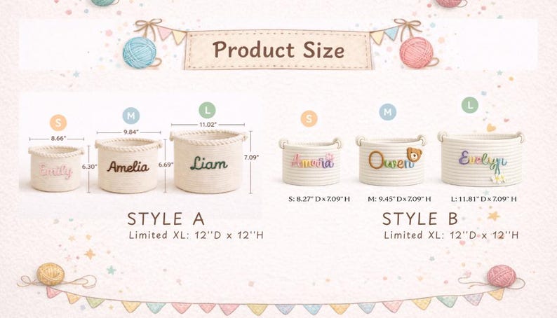 May include: A product size chart for two styles of rope storage baskets. Style A features sizes S (22 cm), M (25 cm), L (28 cm), and XL (30.5 cm). Style B features sizes S (21 cm), M (24 cm), and L (30 cm). Dimensions are shown in inches.