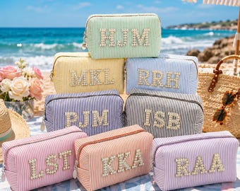 Personalized Wedding Makeup Bag, Custom Bachelorette Trip Gift, Bachelorette Party Favors, Bridesmaid Gift, Pearl Letter Cosmetic Bag