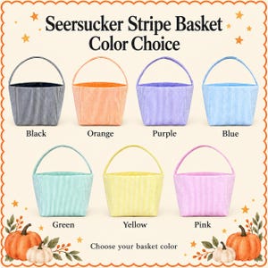 Puede incluir: Siete cestas de rayas seersucker con asas, mostradas en negro, naranja, morado, azul, verde, amarillo y rosa. El texto dice Seersucker Stripe Basket Color Choice y Choose your basket color, con ilustraciones de calabazas.