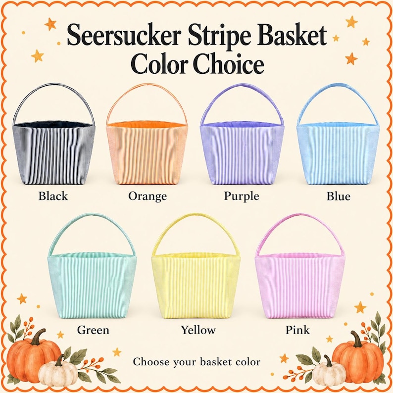Puede incluir: Siete cestas de rayas seersucker con asas, mostradas en negro, naranja, morado, azul, verde, amarillo y rosa. El texto dice Seersucker Stripe Basket Color Choice y Choose your basket color, con ilustraciones de calabazas.