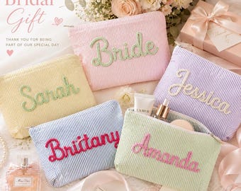 Bachelorette Party Favor Bags, Personalized Bachelorette Trip Toiletry Bag, Bridesmaid Gifts, Custom Cosmetic Bag, Seersucker Makeup Bag