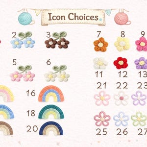 May include: A collection of twenty-eight crochet appliques labeled Icon Choices, featuring six pairs of cherries, eight solid flowers, six rainbows, and eight outlined flowers in various colors including red, blue, pink, yellow, and green.