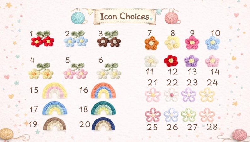 May include: A collection of twenty-eight crochet appliques labeled Icon Choices, featuring six pairs of cherries, eight solid flowers, six rainbows, and eight outlined flowers in various colors including red, blue, pink, yellow, and green.