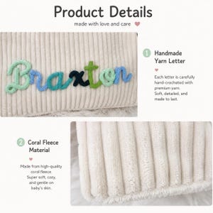 May include: A cream-colored corduroy fabric pouch featuring the name Braxton spelled out in multi-colored hand-crocheted yarn letters. The text on the image includes Product Details, Handmade Yarn Letter, and Coral Fleece Material.