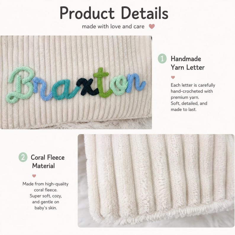 May include: A cream-colored corduroy fabric pouch featuring the name Braxton spelled out in multi-colored hand-crocheted yarn letters. The text on the image includes Product Details, Handmade Yarn Letter, and Coral Fleece Material.