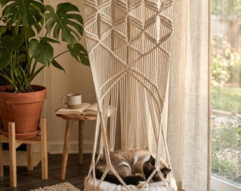 Macrame Cat Hammock | Boho Wall Hanging Bed with Catnip Cushion, Natural Cotton & Wood
