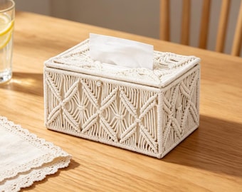 Macrame Tissue Box Cover | Boho Woven Cotton Holder | Natural Rope Home Decor