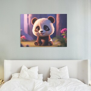 May include: A cute cartoon panda bear with black and white fur sitting in a forest setting. The panda has a big smile and is looking at the viewer.
