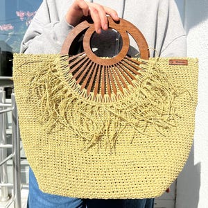 Handmade Raffia Tote Bag with Wooden Handles | Boho Summer Purse | Beach Bag | Woven Straw Bag | Large Crochet Bag for Vacation or Daily Use