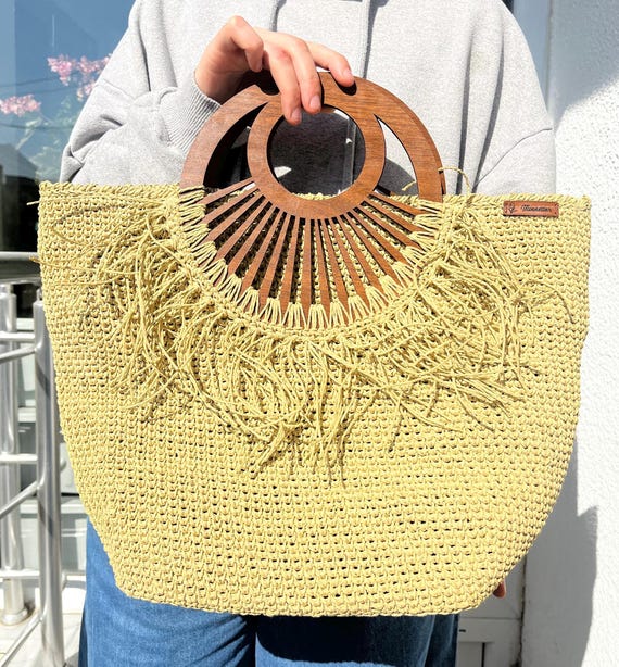 Handmade Raffia Tote Bag With Wooden Handles Boho Summer Purse - Main Image