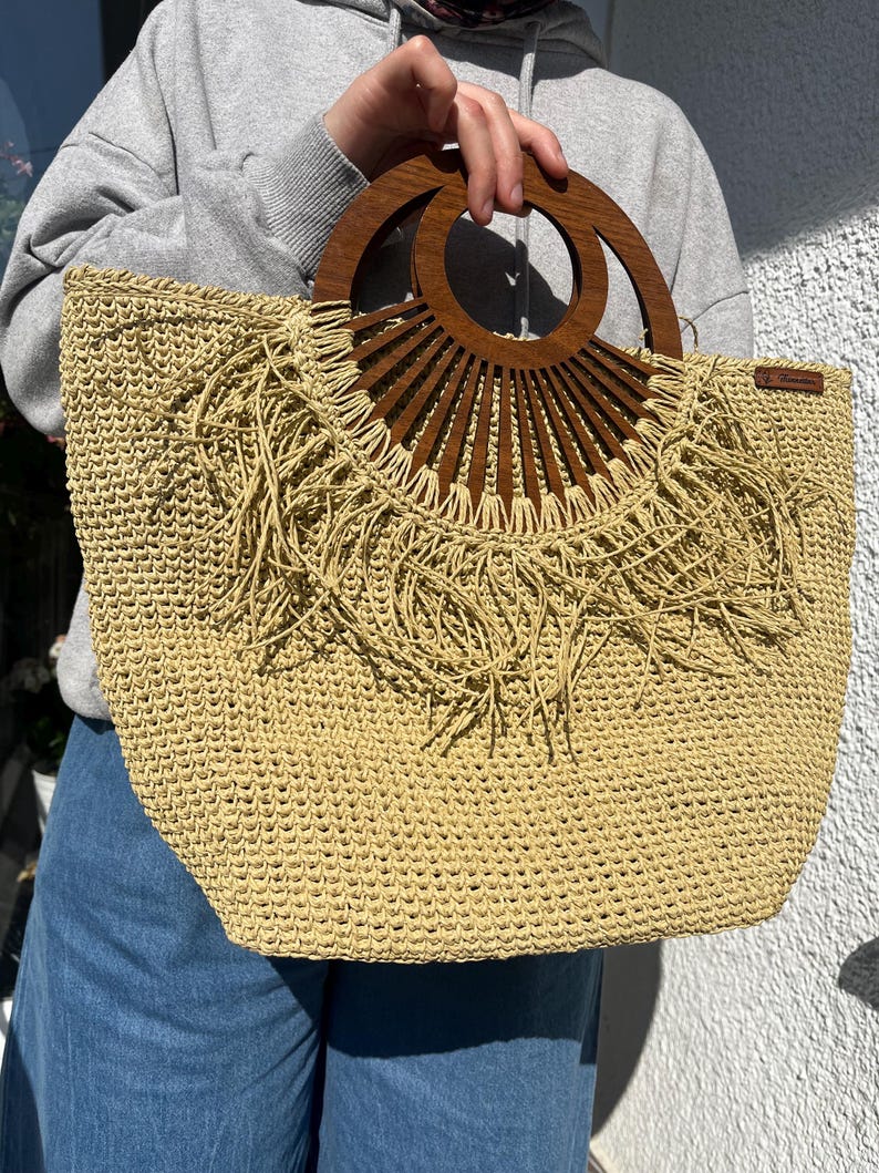 Handmade Raffia Tote Bag With Wooden Handles | Boho Summer Purse ...
