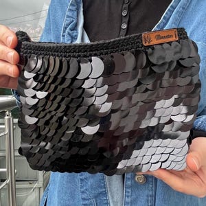 Handmade Black Sequin Clutch Bag, Shiny Evening Pouch, Boho Glam Party Purse, Crochet Handbag with Snap Closure, Gift for Her