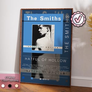 May include: A framed poster featuring "The Smiths" band name and album title "Hatful of Hollow." The poster has a blue background with a black and white image of a man. The poster includes song titles and color options.