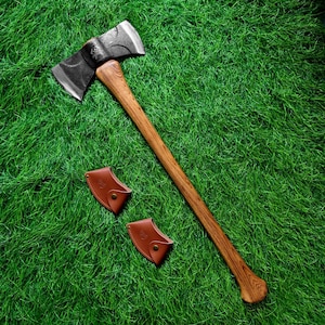 34.6" Double Bit Axe,  Hickory Handle & 1065 High Carbon Steel, 7lbs Splitting Axe with Leather Sheath for Chopping, Logging, Outdoor
