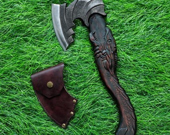 Hacha artesanal de 14,7" de acero de alto carbono tallada a mano estilo hobbit, hacha de lagarto, ideal para jardín, camping y exteriores. Thrwclub