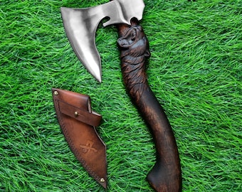 Hacha artesanal de 14,7" de acero de alto carbono tallada a mano estilo hobbit Epic Fury Hatchet, hacha de jardín, camping y exteriores Bear suit Thrwclub
