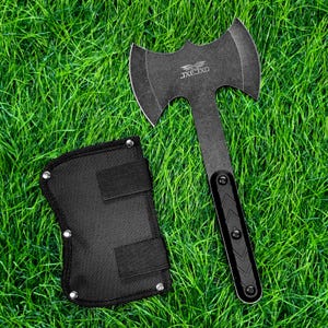 May include: A black double-bit throwing axe with a matte finish and the text JXEJXO printed on the blade. The axe features a long handle with a textured black grip and is accompanied by a black nylon sheath secured with silver metal rivets.