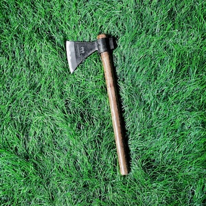 May include: Axe with a dark metal head and a wooden handle. The axe head has a sharp blade and is set against a backdrop of green grass. The handle is a dark brown color.