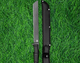 Machete de 42 cm para cortar árboles, resistente, cuchillo de espiga completa con mango de goma y funda, cepillo de limpieza, ideal para acampar y actividades al aire libre, Thrwclub