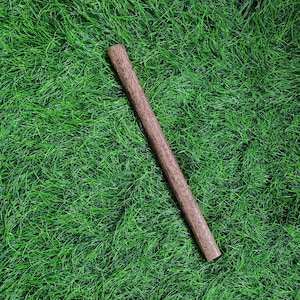 Könnte beinhalten: Ein einzelner, zylindrischer Holzdübel mit einer dunkelbraunen, strukturierten Oberfläche. Der Dübel ist diagonal vor einem Hintergrund aus leuchtend grünem Kunstgras positioniert.