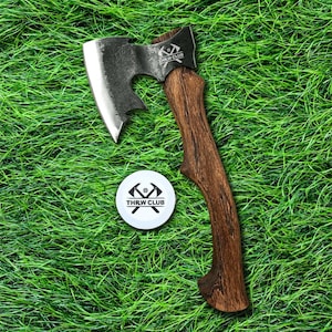 THRWCLUB  15.3” Alien bearded Camping Hatchet with 1065 Carbon Steel Wooden Handle for Camping, Bushcraft Axe Gardening,