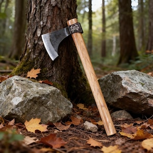 May include: Axe with a wooden handle and a dark metal blade, leaning against a tree in a forest setting. The axe head has the text "TOUGH CLUB". The axe is surrounded by fallen leaves and rocks.