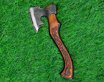 Juego de hachas de camping de 18 pulgadas, hacha de acero al carbono de alta calidad con mango de madera artesanal, hacha Zeus para jardín y exteriores, Thrwclub