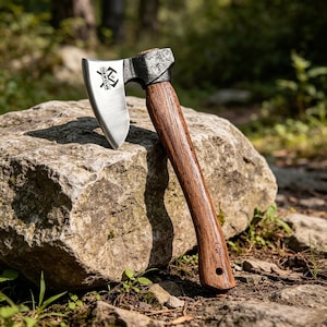 May include: A small axe with a wooden handle and a silver blade, resting on a large rock. The axe head is dark metal, and the handle is a rich brown. The blade has the text "THE CLUB" printed on it. The axe is designed for outdoor use.