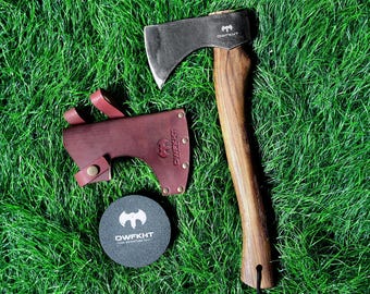 Hacha de 40 cm (15,7"), hachuela de camping, funda para cortar, partir y tallar leña, con mango de haya para trabajos de supervivencia al aire libre y jardinería.