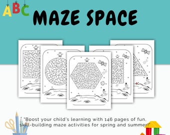 Strony z aktywnościami: Labirynt Kosmiczny, Zabawne Arkusze Edukacyjne dla Dzieci, Do Wydrukowania w PDF-ie, Aktywności dla Dzieci w Domu i Przedszkolu, Pobieranie Cyfrowe