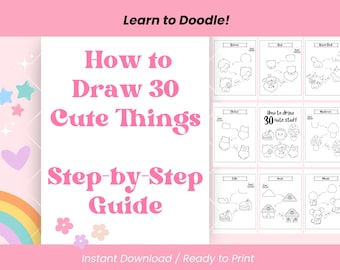 Poradnik rysowania dla dzieci krok po kroku, nauka bazgrania 101 uroczych rzeczy, pakiet ćwiczeń w formacie PDF do druku, edukacja domowa, pobieranie cyfrowe
