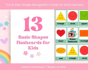 13 fiszek z kształtami, do druku w formacie PDF z nauką kształtów dla przedszkolaków, fiszki edukacyjne dla dzieci, tabela kształtów do nauki w domu, pobieranie cyfrowe