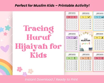 Drukowany zeszyt ćwiczeń Huruf Hijaiyah Tracing dla dzieci – arkusze ćwiczeń z alfabetu arabskiego w języku malajskim, natychmiastowe pobranie pliku PDF