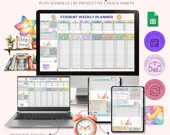 Tygodniowy planer dla ucznia, edytowalny szablon Arkuszy Google dla osiągnięcia sukcesu w nauce, zarządzania czasem i motywacji