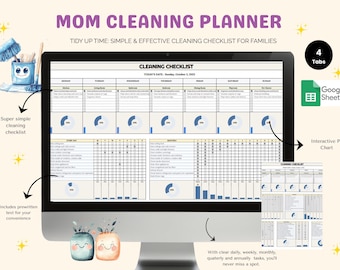Lista kontrolna sprzątania mamy – tygodniowy, miesięczny i roczny wykres obowiązków, cyfrowy planer sprzątania i porządkowania w Arkuszach Google – edytowalny tracker
