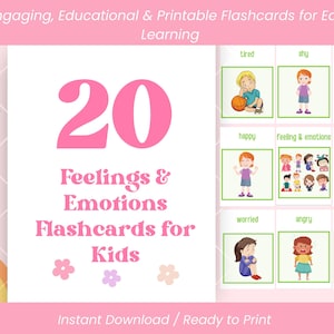 Flashcards sur les sentiments et les émotions pour les enfants | 20 cartes émotionnelles imprimables | Apprentissage préscolaire PDF | Tableau des émotions visuelles des tout-petits