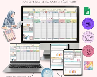 Tygodniowy planer dla muzułmanek, edytowalny szablon Arkuszy Google dla osób wierzących, zarządzających czasem i rozwijających się duchowo