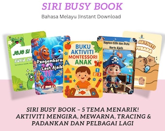 Werkreiches Buch Aktiviti Kanak-Kanak, 5 Tema: Mewarna, Tcing, Padankan, Mengira, druckbare PDF für Kinder, Homeschool Malay, digitaler Download