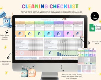 Lista kontrolna harmonogramu sprzątania Tygodniowe obowiązki domowe dla rodziny Planer gospodarstwa domowego Wykres obowiązków dla osób z ADHD Gruntowne sprzątanie Szablon Arkuszy Google Tęcza