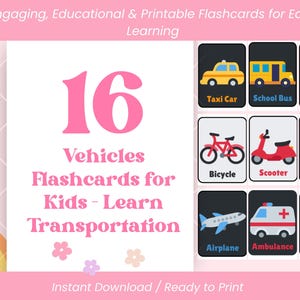 Tarjetas didácticas de vehículos para niños / Tarjetas de aprendizaje de transporte imprimibles / Autos, camiones y más / PDF educativo preescolar