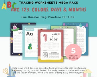 MEGAPACK Zestaw do ćwiczeń pisania odręcznego dla dzieci do druku – alfabet, cyfry i kolory do śledzenia dla przedszkolaków, wersja cyfrowa w formacie PDF