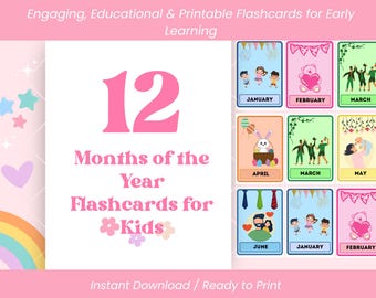 12 miesięcy w roku – fiszki, kalendarz przedszkolny do druku (plik PDF), urocze fiszki z miesiącami dla dzieci, cyfrowe pobieranie do nauki w domu