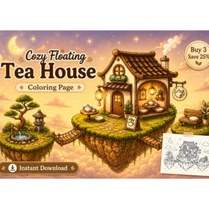 Peut inclure: Une page de coloriage numérique intitulée Cozy Floating Tea House représentant une maison sur une île flottante avec un pont, un bonsaï, une lanterne en pierre et un salon de thé. Une version en noir et blanc est visible dans le coin.