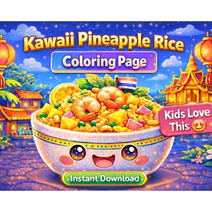 Página para colorear de arroz frito con piña estilo Kawaii, arte de comida tailandesa, actividad para niños (descarga instantánea)