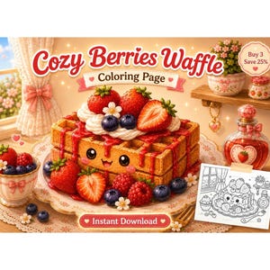 Könnte beinhalten: Digitale Illustration einer Cozy Berries Waffle Malvorlage. Das Bild zeigt eine Waffel, die mit Erdbeeren, Blaubeeren und Schlagsahne belegt ist. Der Text "Cozy Berries Waffle Coloring Page" wird oben angezeigt.